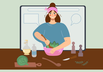 Nice woman preparing a salad. Cute girl vlogger or vlogger, live web channel vector illustration. Vegetarian lady. Promotion of a healthy lifestyle, the concept of proper nutrition. Cartoon flat style