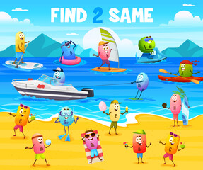 Find two same cartoon vitamin characters on summer beach vacation. Children riddle, quiz game vector worksheet with sunbathing, diving, windsurfing and kayaking A, B, C and D vitamins pills personages