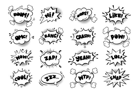 Сomic speech bubbles stickers with text, cloud, stars on white  background. Pop art vector cartoon illustration in retro style. Design for comic book, poster, banner, card
