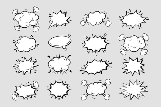 Hand drawn collection of empty comic speech bubbles stickers with cloud, stars isolated on grey. Pop art vector cartoon illustration in retro style. Design for comic book, poster, banner, card