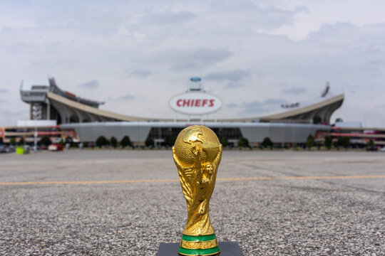 USA, Kansas city, September 2022: The GEHA Field at Arrowhead Stadium.The Cup of FIFA on foreground of stadium Chiefs. The World Cup of soccer FIFA will be take in the USA, Canada and Mexico.