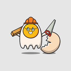 Cute cartoon fried eggs as carpenter character with saw and wood in flat modern style design