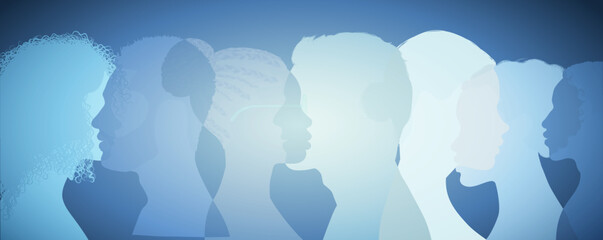Group diversity silhouette multiethnic people from the side. Community of collaborators or colleagues. Concept of bargain agreement or pact. Collaborate. Co-workers. Harmony. Organization