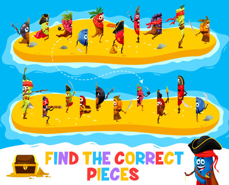 Find the correct half pieces of cartoon berry pirate and corsair characters. Children quiz or riddle, connect piece game vector worksheet with blackcurrant, gooseberry and raspberry, blueberry