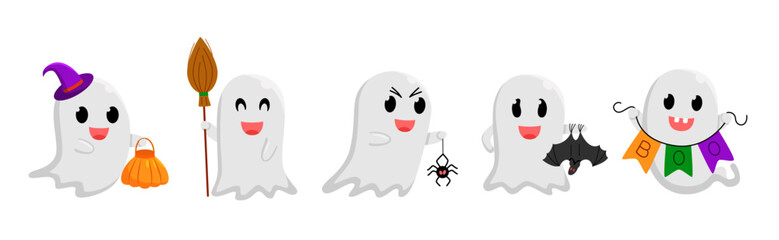 Set of cute ghosts. Happy Halloween. Childish scary and smiling spooky boo characters. Great for your design, card, poster, kids room, logo, print. Isolated flat cartoon vector illustrations