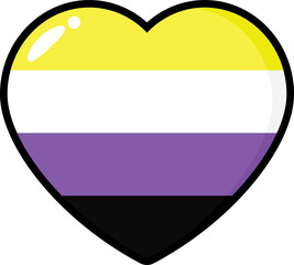 Yellow, white, purple and black colored heart icon, as the colors of the non-binary flag. Flat design illustration.