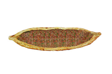 Turkish food Kiymali Pide pita with minced meat closeup view
