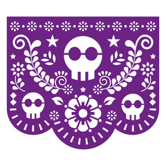 Halloween party Papel Picado decoration with skulls, Mexican fiesta vector design, traditional paper cutout background
