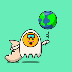 Cute cartoon fried eggs floating with world balloon cartoon vector illustration