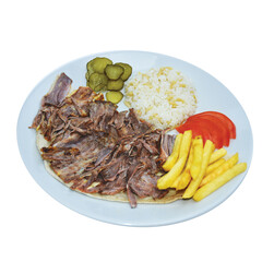 Traditional Turkish Doner Kebab, shawarma or gyros with pita and rice. Turkish, greek or middle eastern style doner kebab food on
