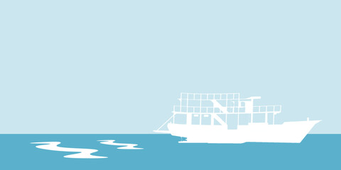 Cruise ship in ocean. Summer luxury vacation on cruise liner. Vector cartoon illustration of tropical seascape.