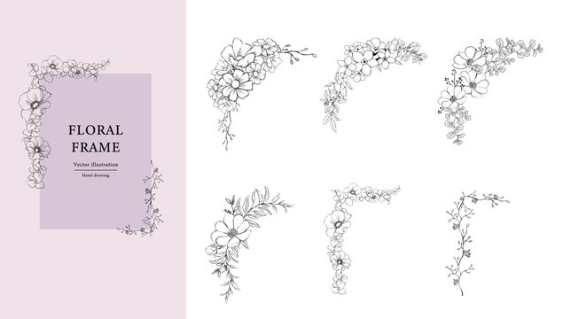 Botanical decorative frame design set . Hand drawn floral borders and divider with branch vector illustration on white isolated background. Elegant line.