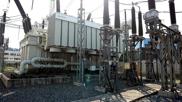 Jakarta, Indonesia, 06 September 2022; 500kv high voltage 3 phase transformer