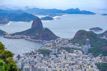 Rio de Janeiro, Brazil. Suggar Loaf and Botafogo beach viewed from Corcovado 