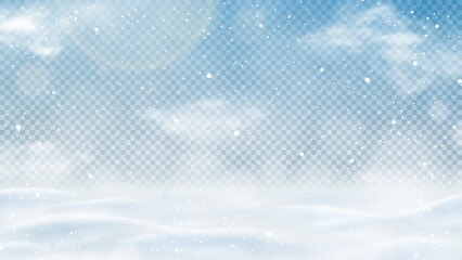 Winter landscape isolated on checkered background. Realistic texture of winter snow with snowdrifts, snowflakes and clouds. 3d vector illustration with frozen hills covered snow. Winter desert.