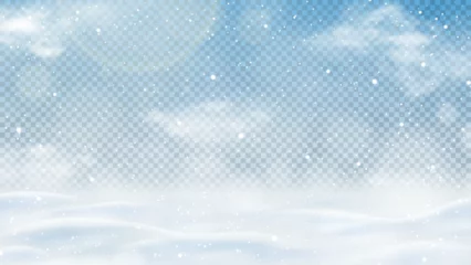 Raamstickers Winter landscape isolated on checkered background. Realistic texture of winter snow with snowdrifts, snowflakes and clouds. 3d vector illustration with frozen hills covered snow. Winter desert. © Yaran