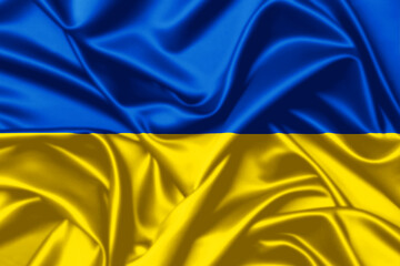 Ukraine waving flag close up satin texture background