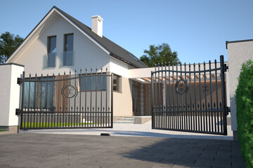 Automatic double leaf gate and house, 3d illustration