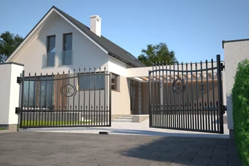 Fotobehang Automatic double leaf gate and house, 3d illustration © Studio Harmony