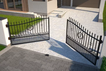 Fotobehang Automatic double leaf gate and house, top view - 3d illustration © Studio Harmony