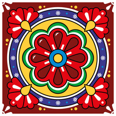 Mexican vector ceramic signle and seamless tile pattern - talavera background with flowers, vibrant wallpaper or texile, fabric print
