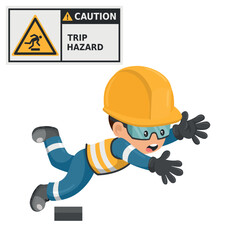 Industrial worker with trip hazard sign warning. Caution icon and pictogram. Work accident. Worker with personal protective equipment. Industrial safety and occupational health at work