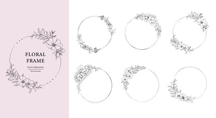 Floral Frame set . Hand drawn Botanical vector illustration. Round fower wreath Black and white.