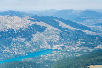 Fototapeta na wymiar Barrea lake and village, aerial, Italy