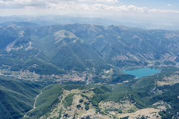 Scanno village and lake, aerial, Italy