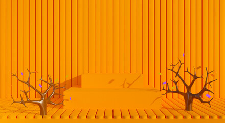 3D render of podium stand product. Halloween on orange background.