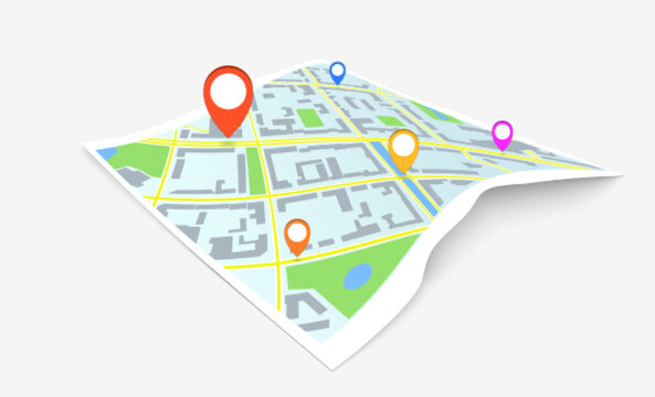 Vector illustration of auto navigator paper map with buildings, trees, cars and clods. EPS 10.