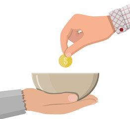 Hand giving dollar coin to beggar hand
