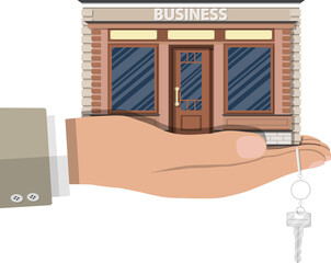 Hand holding shop or commercial property with key.