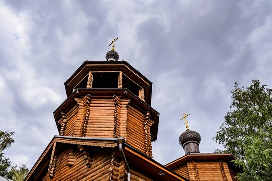 View of the wooden church of St. John of Kronstadt. Saranskaya st., 1, Moscow.