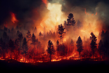 Waldbrand mit Bäumen im Feuer, generative ai technology
