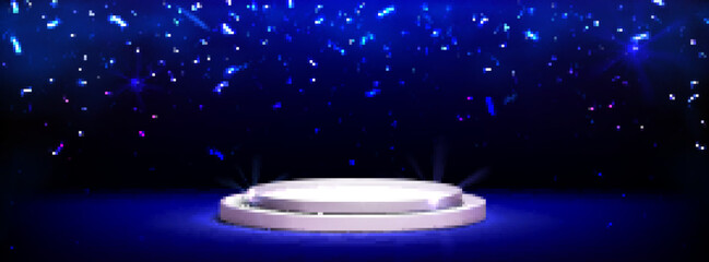 Podium with falling confetti, round gold shiny platform with blue glowing light. Stage for product presentation or winner victory celebration. Vector background, realistic 3d scene and spotlights