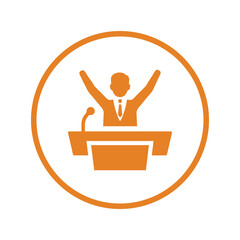 Presentation, speech, talk icon. Orange vector sketch.
