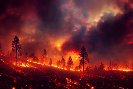 Waldbrand mit B&auml;umen im Feuer