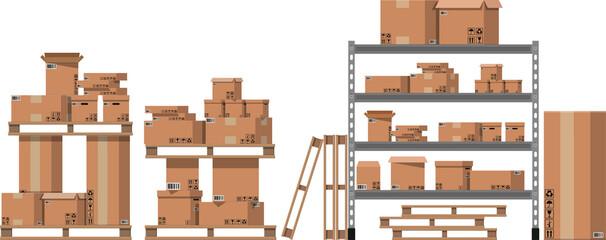 Fototapeta premium Pile cardboard boxes on warhouse shelves