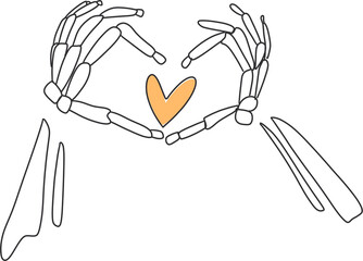 Skeleton Halloween clipart. Bones hands showing heart gesture graphic in orange, white and black colors.