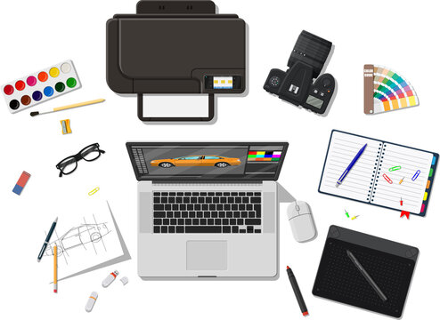 Designer workplace. Illustrator desktop with tools