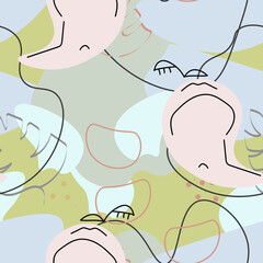 One line drawing. Abstract face seamless pattern.