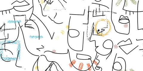 One line drawing. Abstract face seamless pattern.