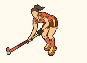 Field Hockey Sport Female Player Action Cartoon Graphic Vector