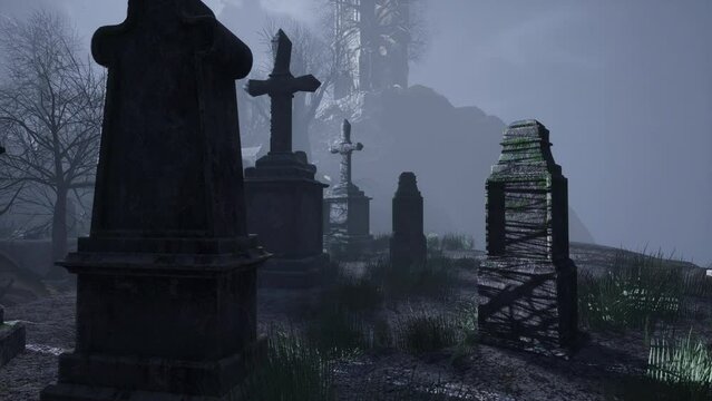 Camera move over an old cemetery during a thunderstorm at midnight