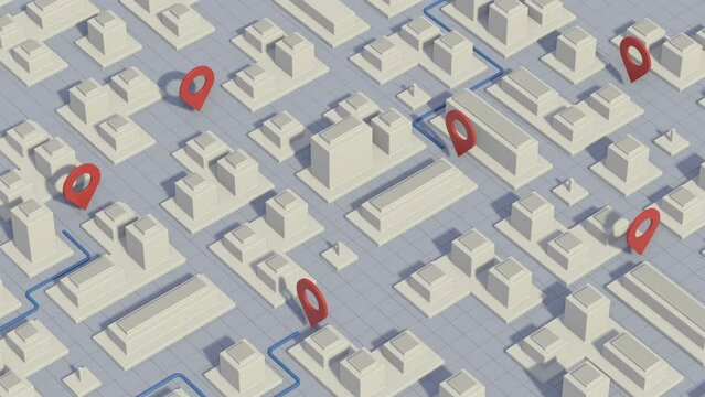 city map with buildings, animated route and location pin, concept of gps navigation app (3d render)