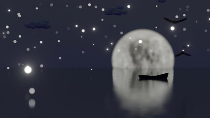 A boat silhouette is floating in a lake in snowy full moon night (3D Rendering)