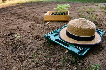 Selective focus on a straw hat on a box with gardening tools on loose ground, against a wooden...