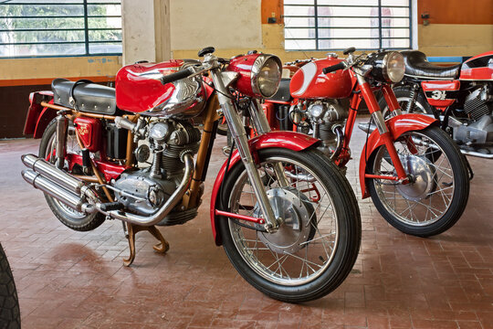 Vintage Ducati 200 Elite (1960) and 175 T (1956) on display in Agriolo, festival of classic motorcycle and old agricultural machinery. April 15, 2012 in Riolo Terme (RA) Italy