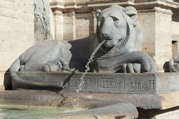 Fontana dell'Acqua Felice Fountain Detail with Lion Statue and Hieroglyphs in Rome, Italy